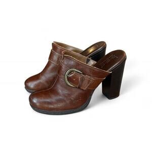 B.O.C. Women’s Brown Leather Heeled Clogs Mules Slip On Brass Buckle Size 7